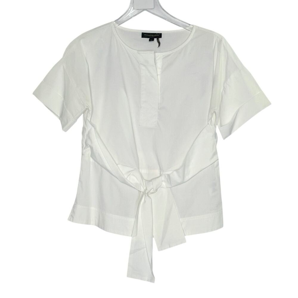 Donna Karan Cotton Blend White Popover Top XS Tie Front Snap Closure